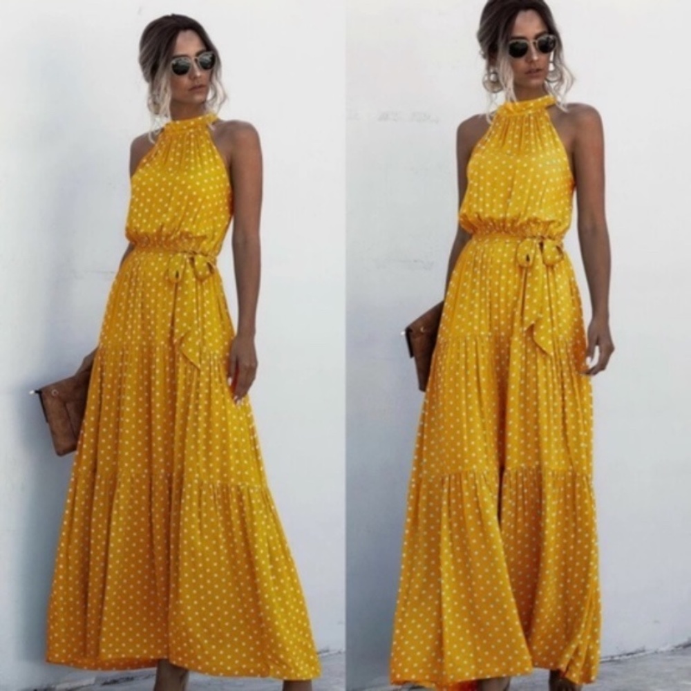 Boho polka dot layer ruffle Belted halter Maxi dress - Picture 2 of 4